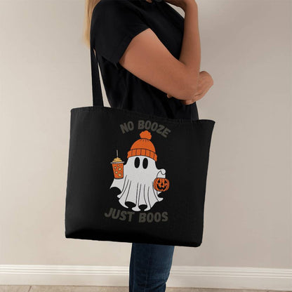 Black Halloween tote bag with ghost graphic, front view
