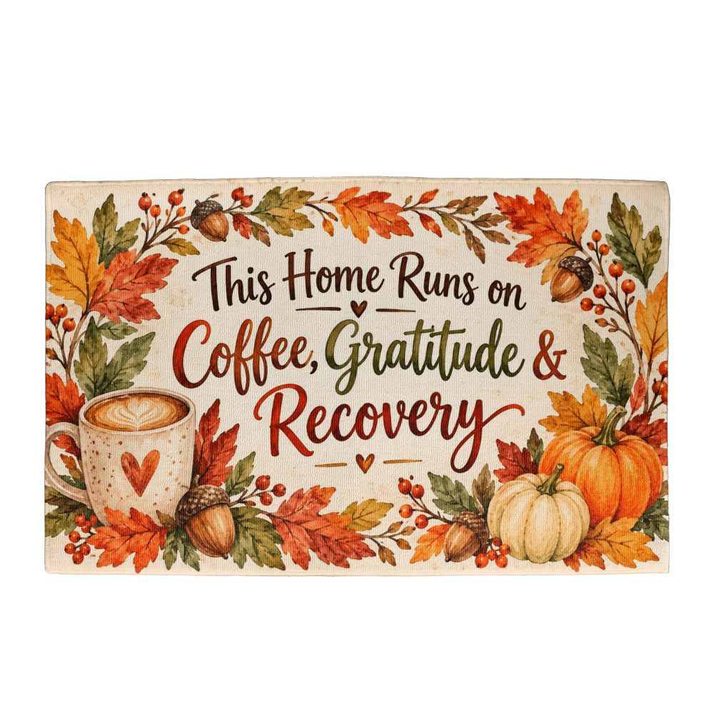 Recovery Welcome Mat – This Home Runs on Coffee, Gratitude & Recovery