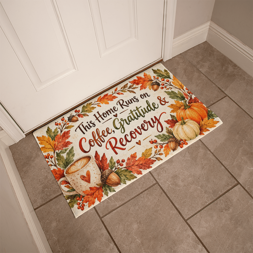Recovery Welcome Mat – This Home Runs on Coffee, Gratitude & Recovery
