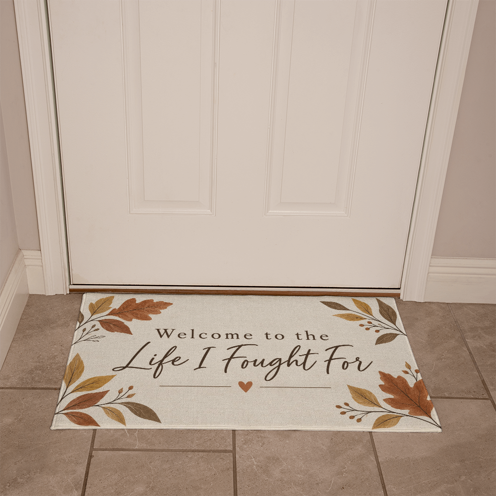 Beige welcome mat on tile floor with fall foliage frame and "Life I Fought For"