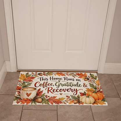 Recovery Welcome Mat – This Home Runs on Coffee, Gratitude & Recovery