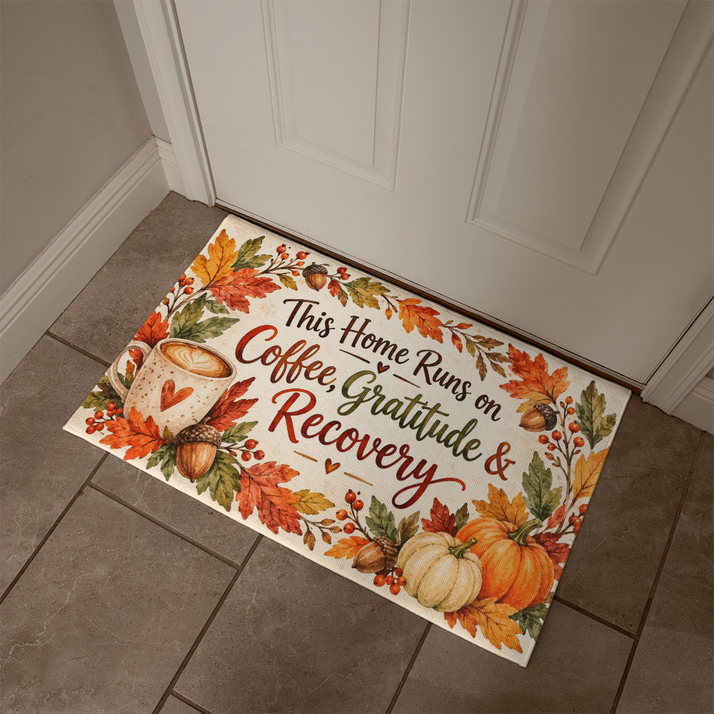 Recovery Welcome Mat – This Home Runs on Coffee, Gratitude & Recovery