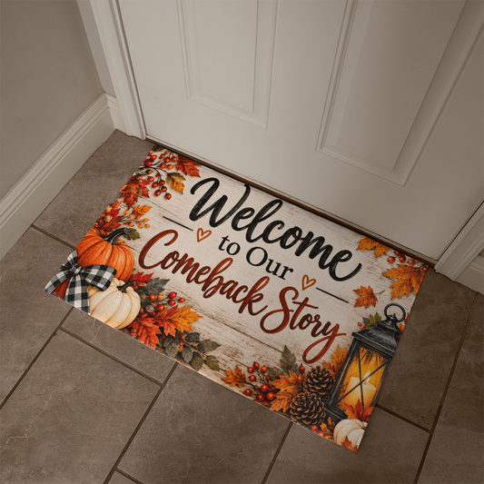 Autumn welcome mat: 'Welcome to Our Comeback Story' with pumpkins, leaves, lantern