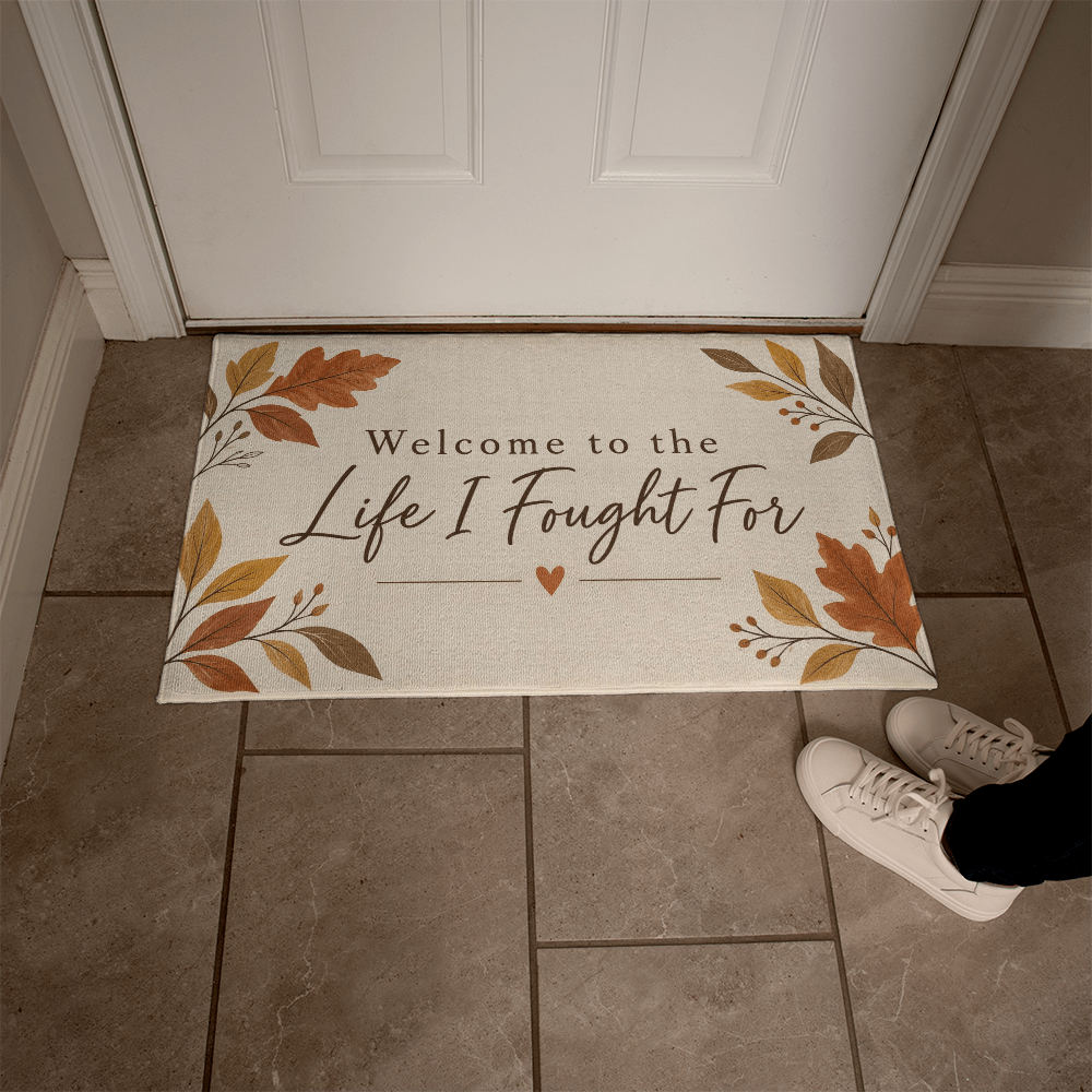 Beige welcome mat at door with autumn leaf design and heart beneath "Life I Fought For"