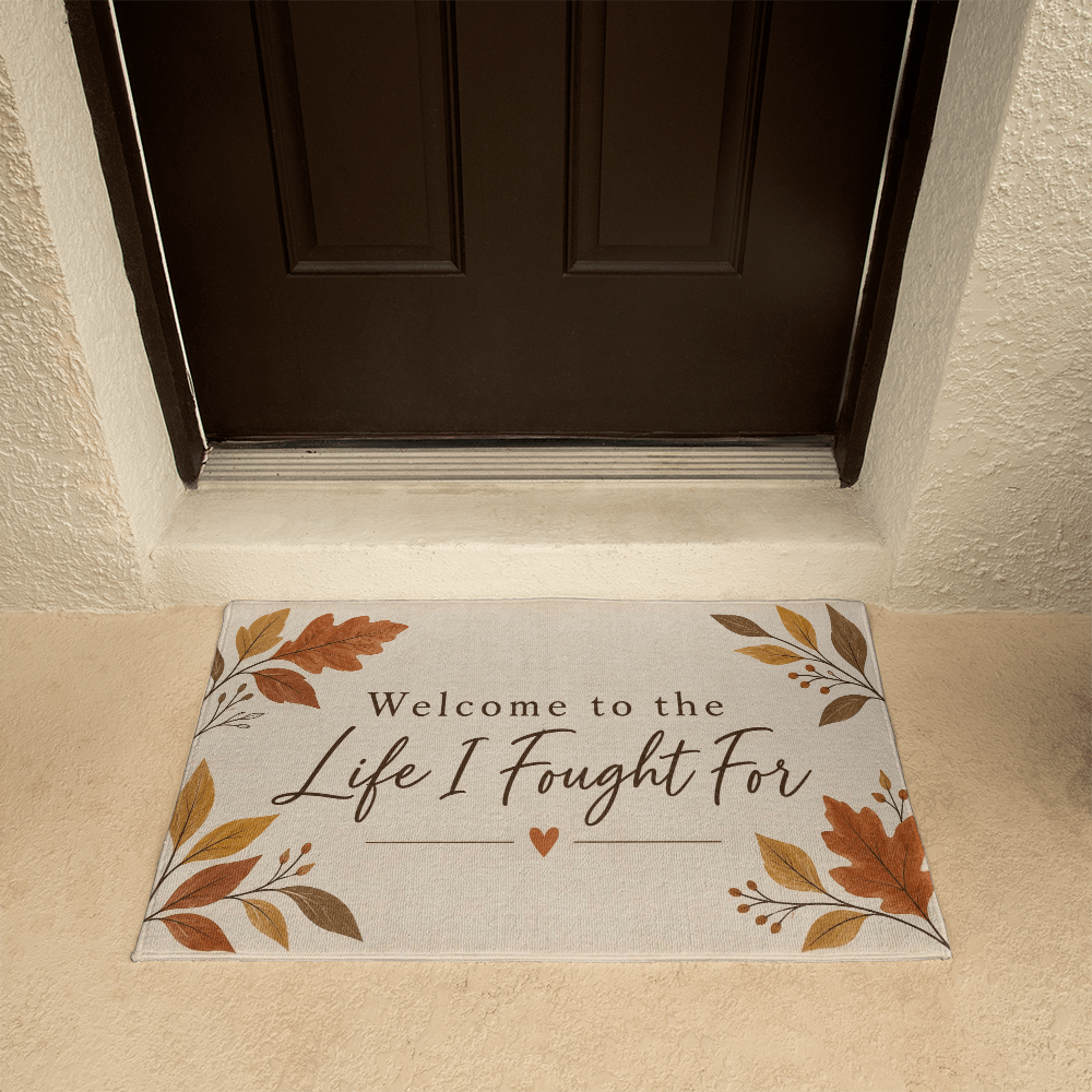Beige welcome mat in entryway with leaf accents and "Welcome to the Life I Fought For"