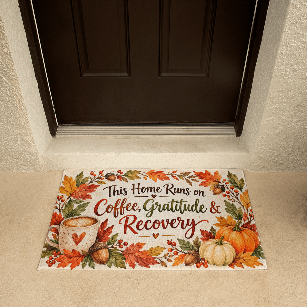 Recovery Welcome Mat – This Home Runs on Coffee, Gratitude & Recovery