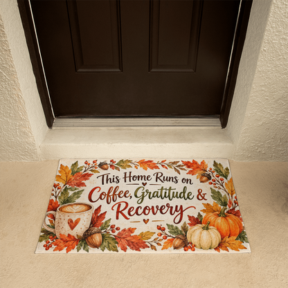 Recovery Welcome Mat – This Home Runs on Coffee, Gratitude & Recovery