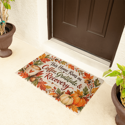 Recovery Welcome Mat – This Home Runs on Coffee, Gratitude & Recovery