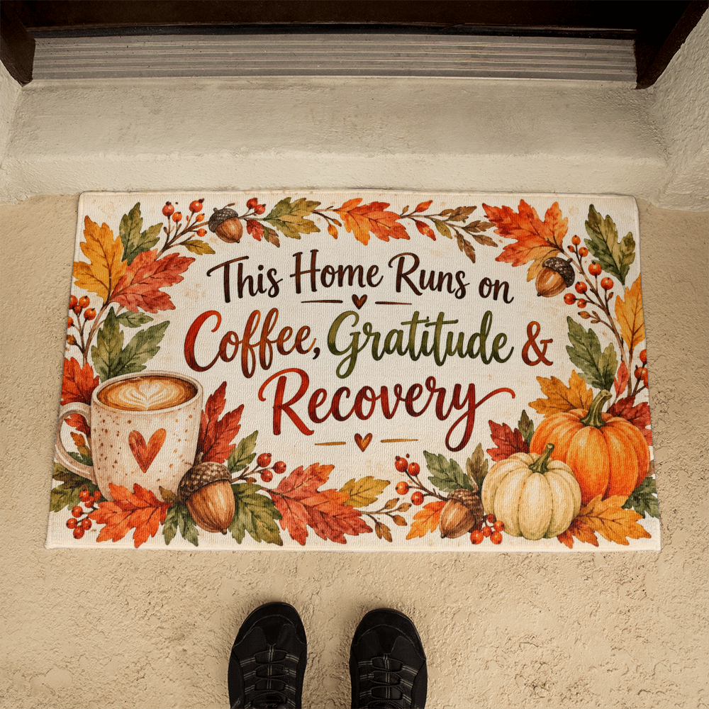 Recovery Welcome Mat – This Home Runs on Coffee, Gratitude & Recovery