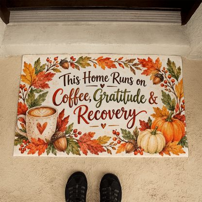 Recovery Welcome Mat – This Home Runs on Coffee, Gratitude & Recovery