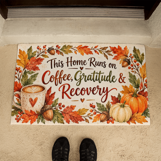 Welcome mat with fall wreath border, coffee cup graphic, pumpkins, and “Coffee, Gratitude & Recovery”