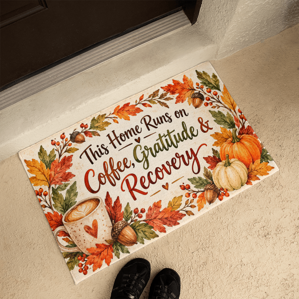 Recovery Welcome Mat – This Home Runs on Coffee, Gratitude & Recovery