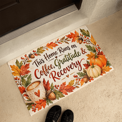Recovery Welcome Mat – This Home Runs on Coffee, Gratitude & Recovery