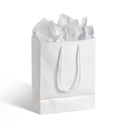 Medium white gift bag with twisted rope handles and crinkled tissue