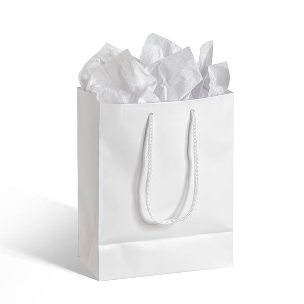 Medium white gift bag with twisted rope handles and crinkled tissue