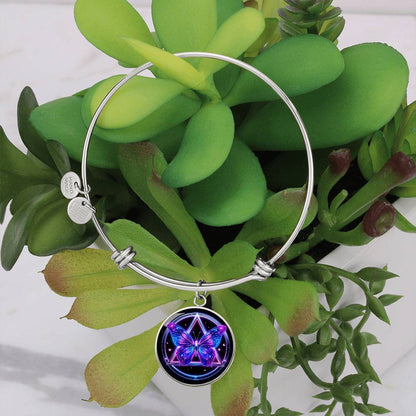 Butterfly recovery bracelet with silver bangle and purple butterfly round pendant