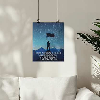 Hanging personalized sobriety milestone poster with flag silhouette, starry sky and 10/16/2024
