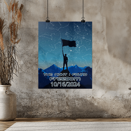 Wall-hung personalized sobriety milestone poster with flag silhouette, starry sky and 10/16/2024