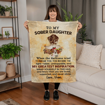 Recovery blanket with 'To My Sober Daughter' text and illustrated woman in dress