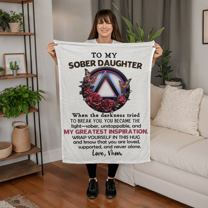 White throw blanket with "To My Sober Daughter" text, A wreath graphic, and quote.