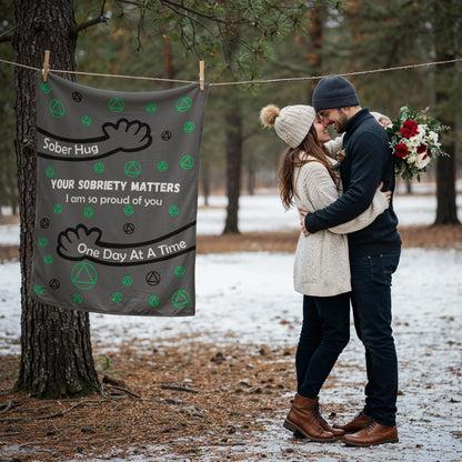Grey AA symbol sober hug blanket hanging on a tree, with black quote text