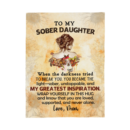 Recovery blanket with 'To My Sober Daughter' headline, illustrated woman, and uplifting quote
