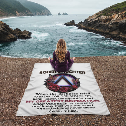 White throw blanket laid flat with "To My Sober Daughter" text, A wreath graphic, and quote.