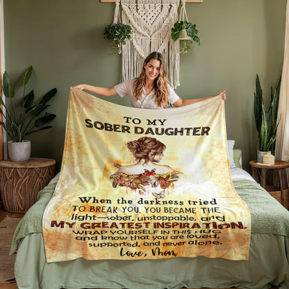 Recovery blanket with 'To My Sober Daughter' text, illustrated woman, and inspirational verse