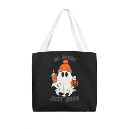 Halloween tote bag in black with ghost “No Booze Just Boos” graphic and white handles