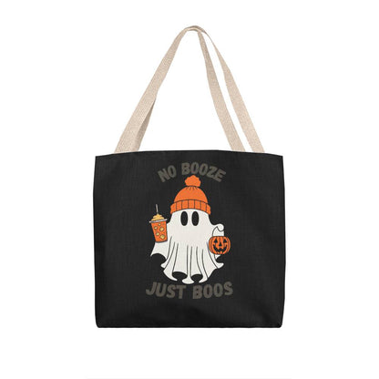Halloween tote bag in black with ghost “No Booze Just Boos” graphic and natural handles