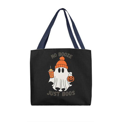 Halloween tote bag in black with ghost “No Booze Just Boos” graphic and navy handles