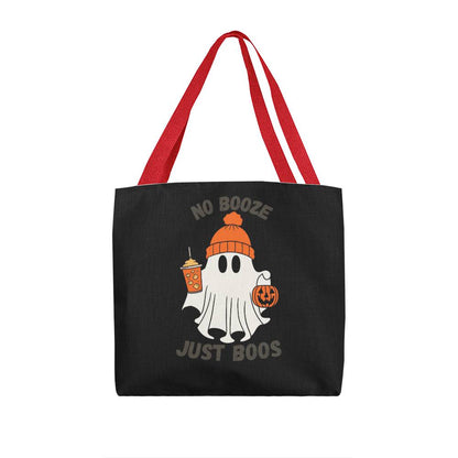 Black Halloween tote bag with ghost graphic and 'No Booze Just Boos' text, red handles