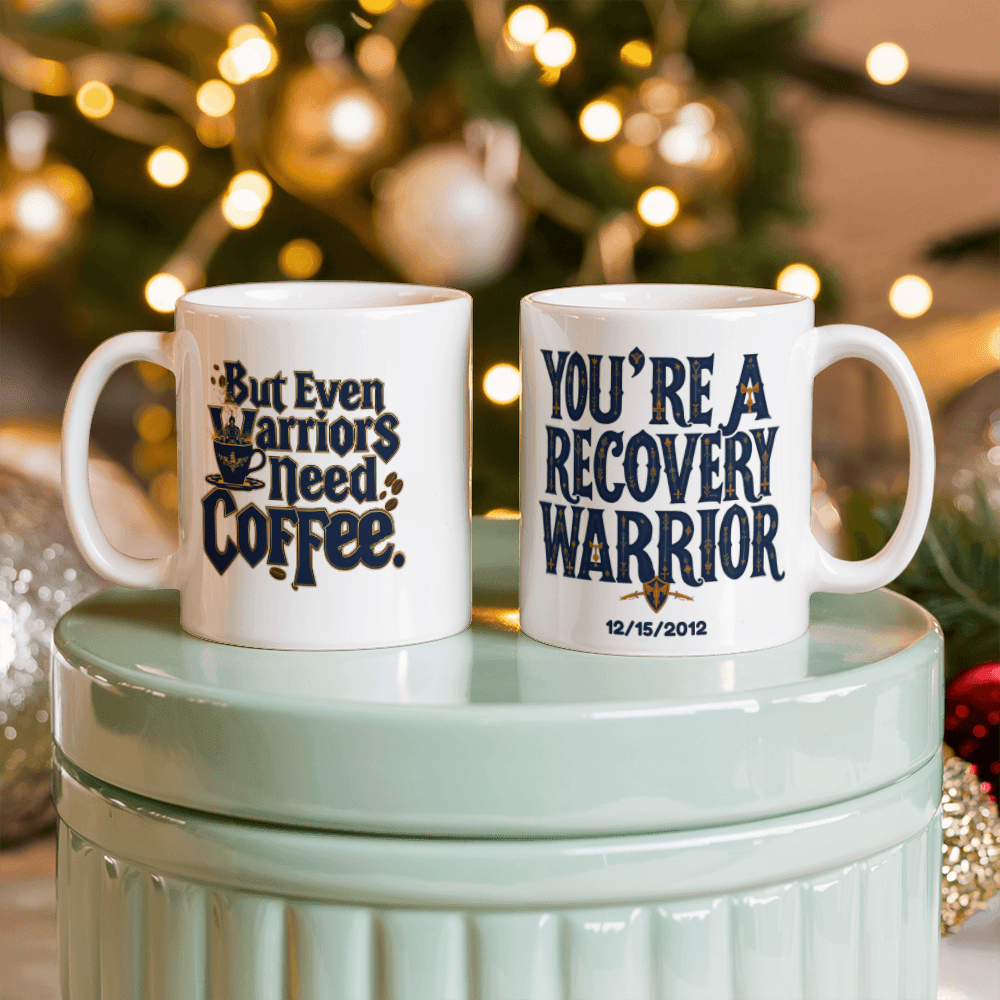 Pair of white mugs with recovery warrior and coffee-themed designs