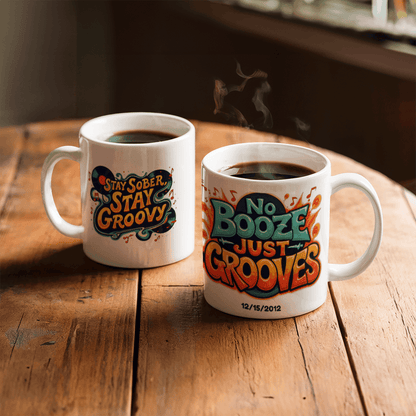 Two white ceramic recovery mugs: 'Stay Sober Stay Groovy' and 'No Booze Just Grooves' with date