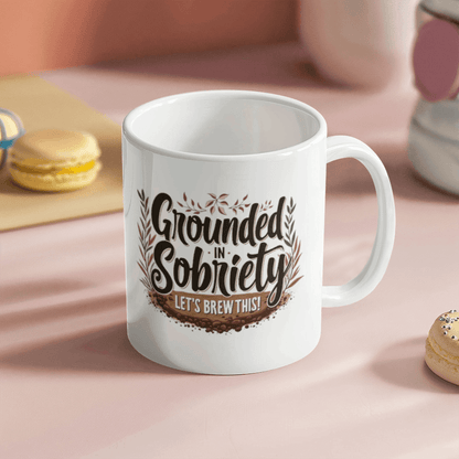 White coffee mug displaying “Grounded in Sobriety” and “Let’s Brew This!” message