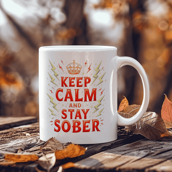 White ceramic mug with “KEEP CALM AND STAY SOBER” graphic and crown, red lettering