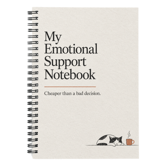 Cream notebook with black spiral binding and 'My Emotional Support Notebook' cover text