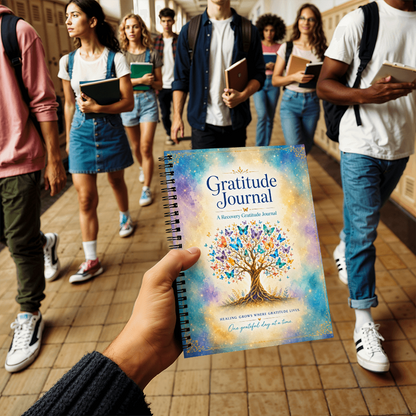 Gratitude journal with spiral binding and blue-purple tree cover held in hand