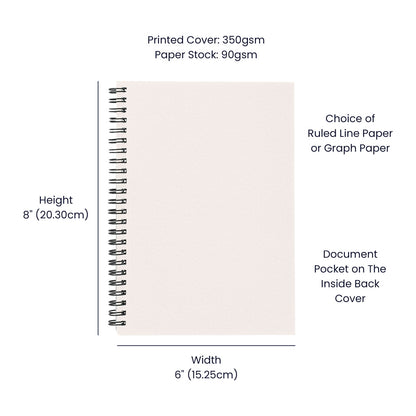 Spiral notebook with size labels and inside back document pocket