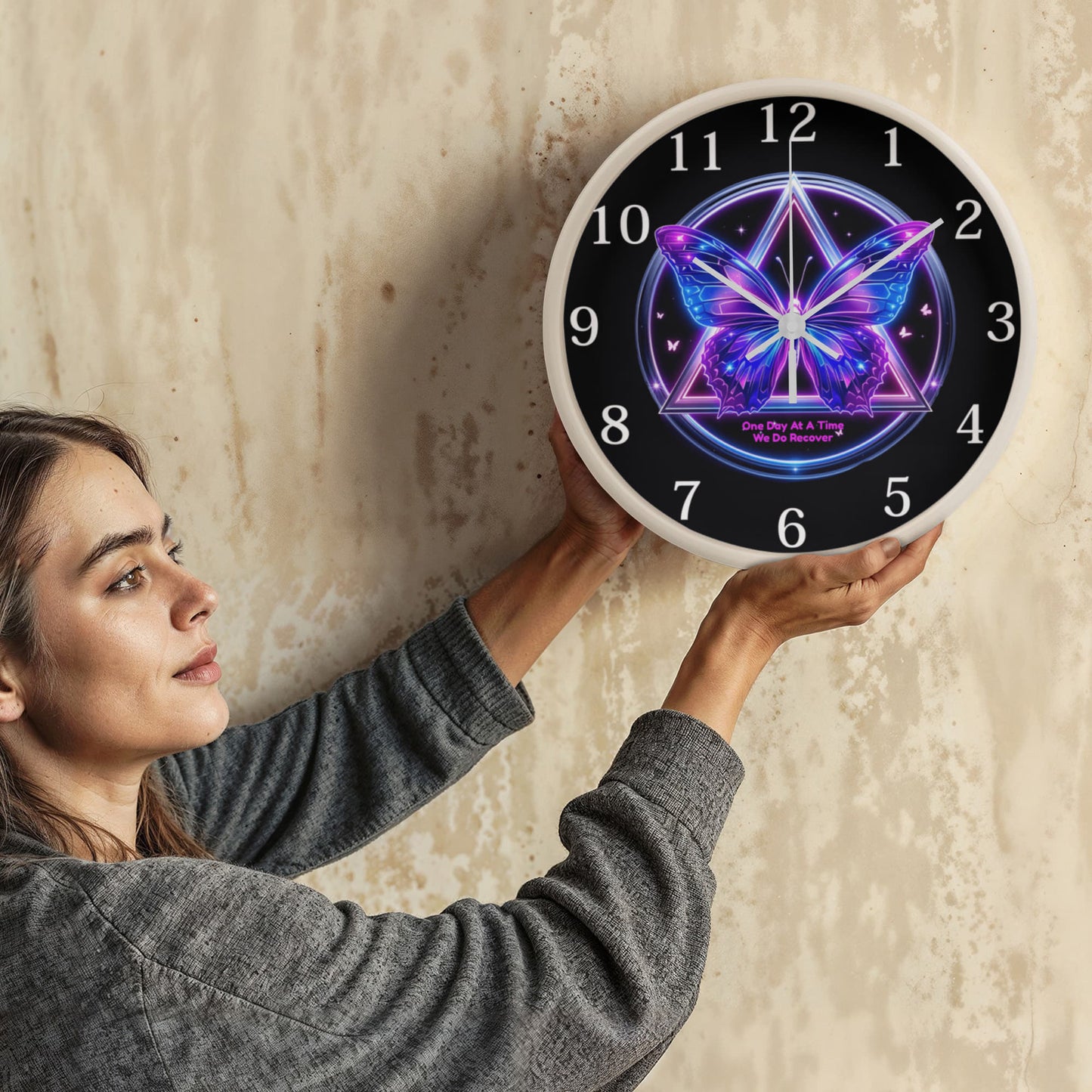 One Day at a Time Recovery Butterfly Wall Clock, Sobriety Gift