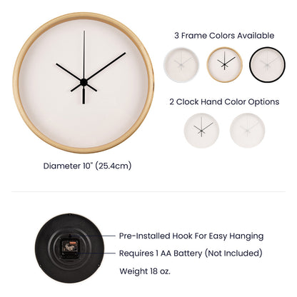 White wall clock with roman numerals and black hands; product spec view