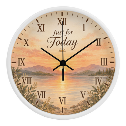 White wall clock with scenic landscape dial, roman numerals, and black hour/minute hands
