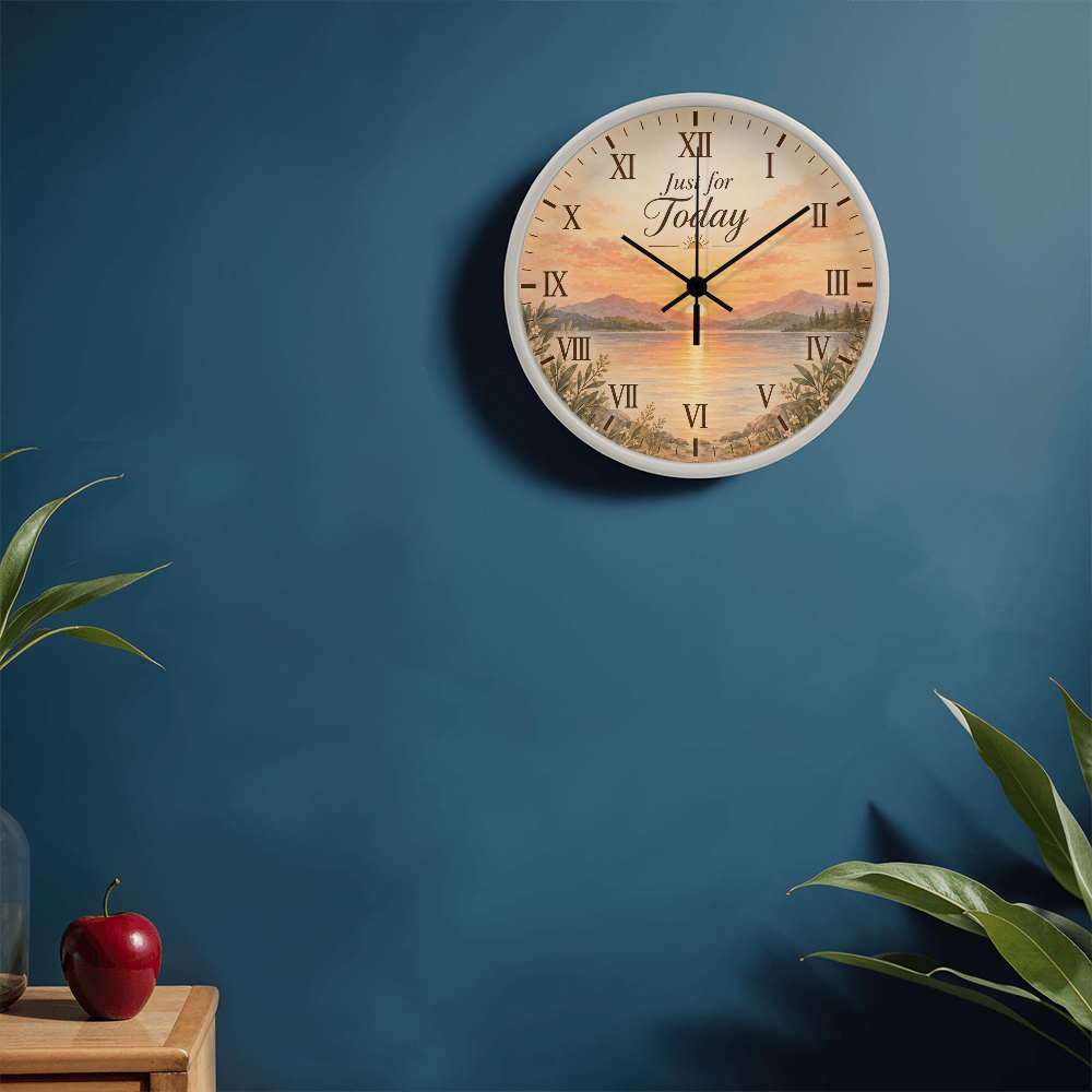 White wall clock with scenic landscape dial and roman numerals