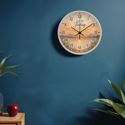White wall clock with scenic landscape dial and roman numerals