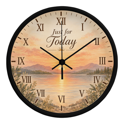 Black wall clock with scenic dial, roman numerals, and black hour/minute hands