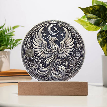 Circular LED sobriety plaque with silver phoenix design, “4 Years Sober” badge, on wood base.