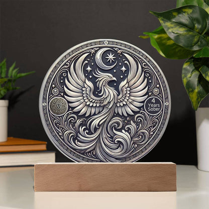 LED sobriety plaque with silver phoenix design and “4 Years Sober” badge on wood base.