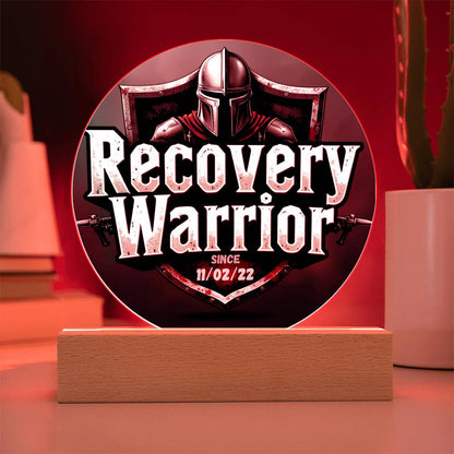 LED circle plaque with knight helmet graphic, “Recovery Warrior,” and bright LED ring