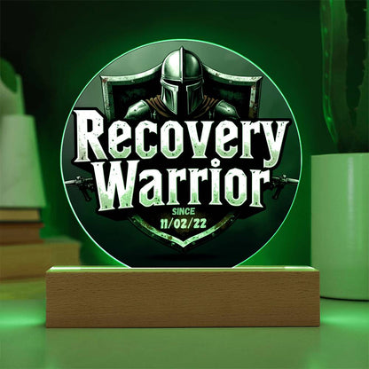 LED circle plaque with knight helmet graphic, “Recovery Warrior,” and glowing LED ring