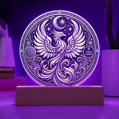 LED sobriety plaque with purple glow, silver phoenix design, and “4 Years Sober” badge on wood base.